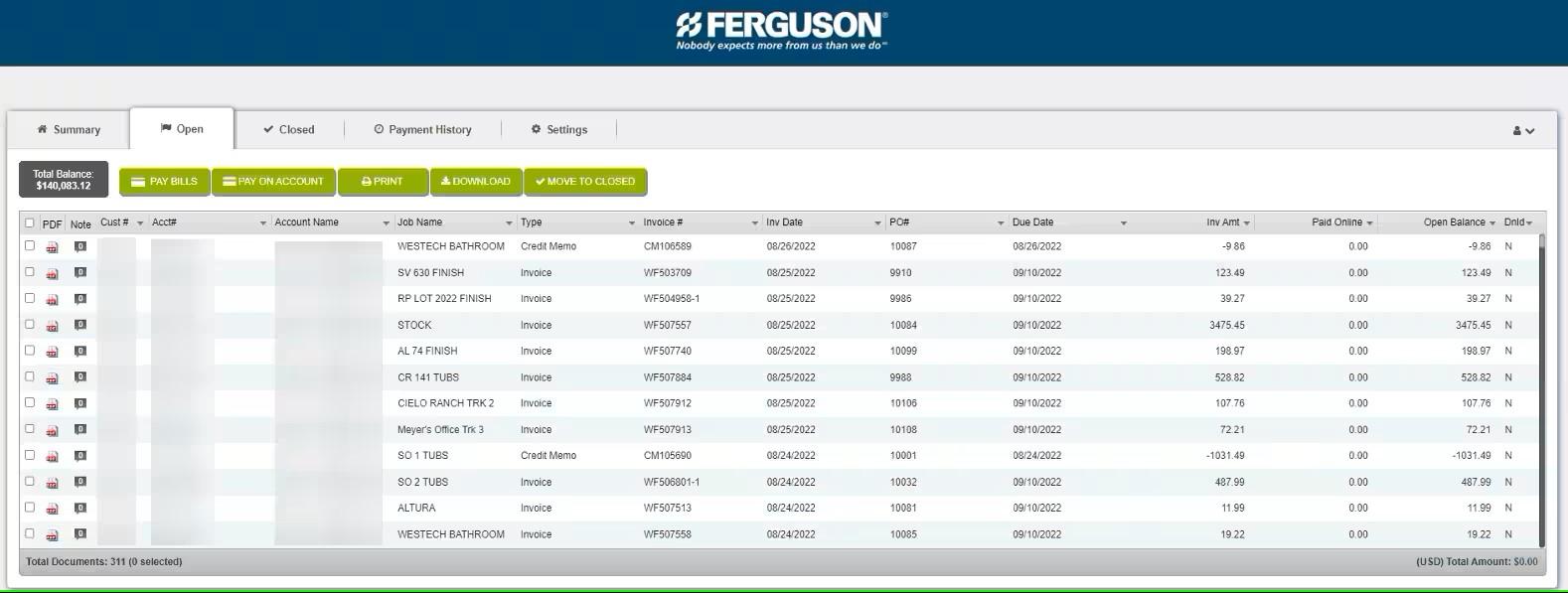 View of Open tab on Online Bill Pay, with total balance and navigation menu buttons along the top.